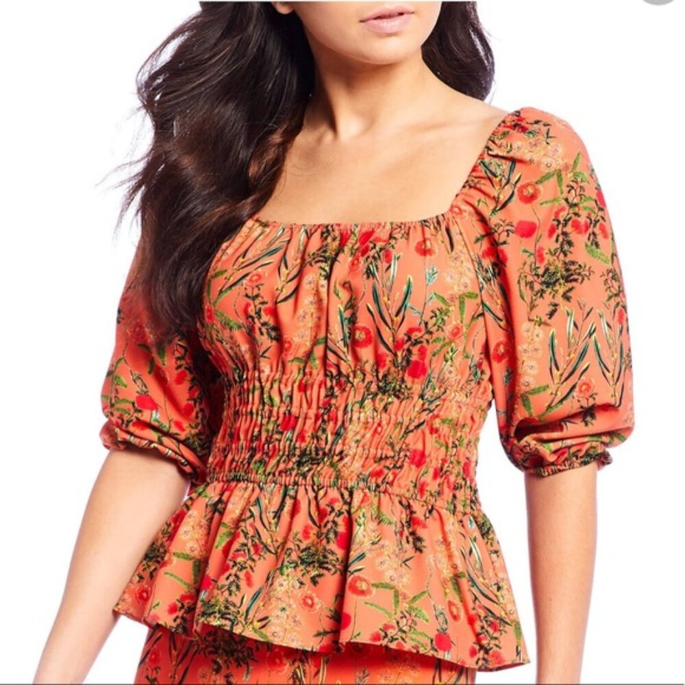 Gianni Bini Orange Floral Peplum Blouse Medium